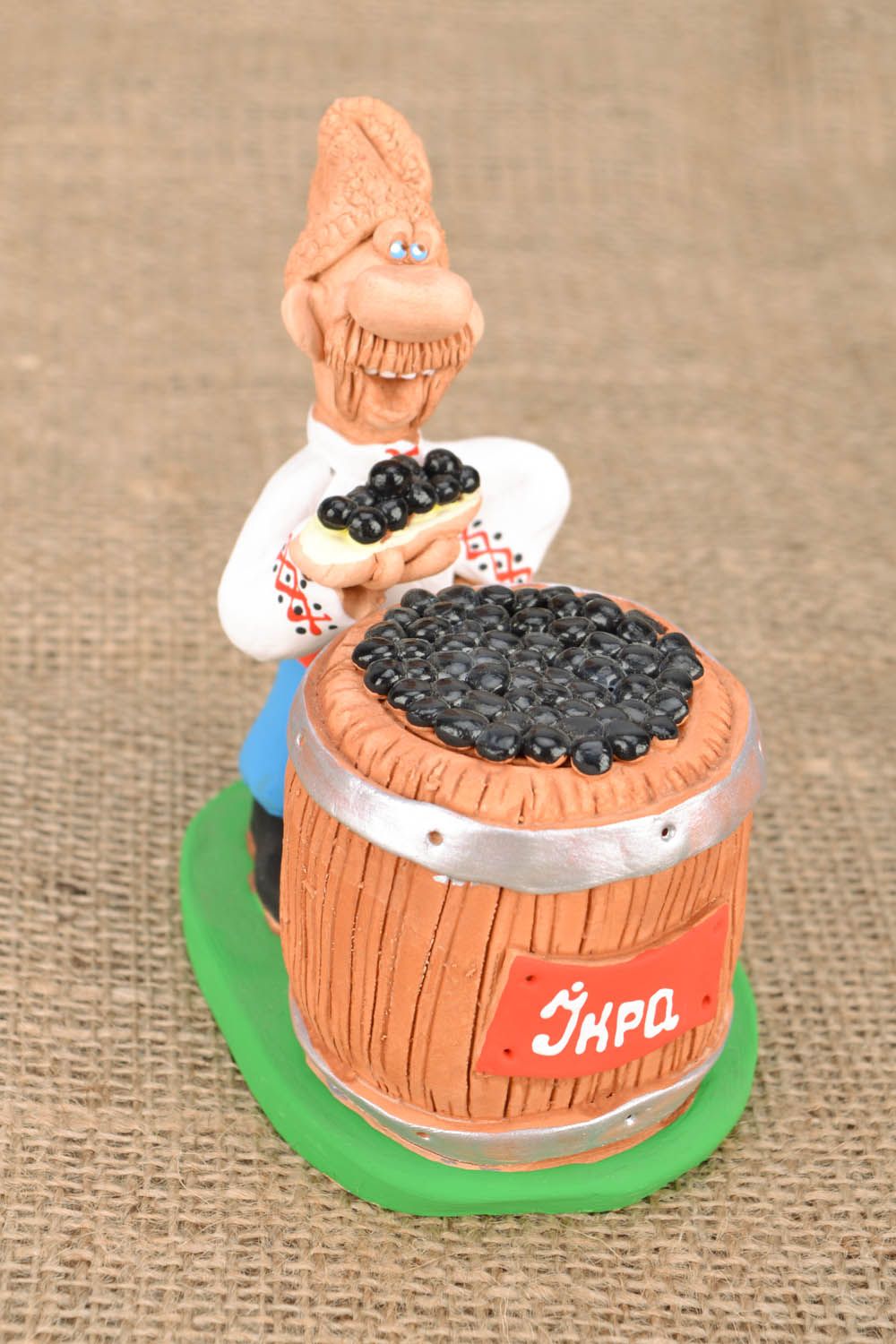 Handmade clay figurine Cossack Near the Barrel with Black Caviar photo 1