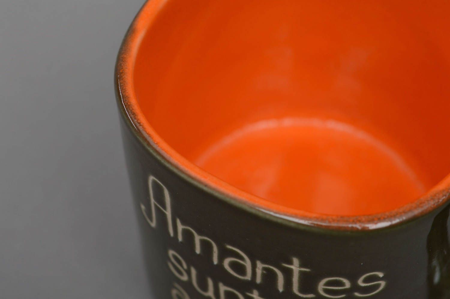 5 oz glazed porcelain dark green and orange inside cup with handle photo 3