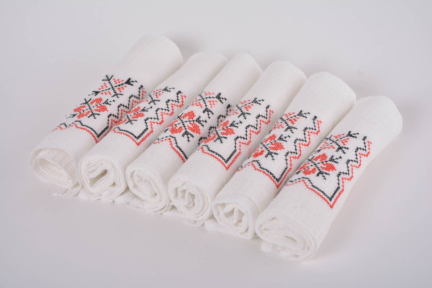Set of 6 handmade designer white cotton napkins with black and red embroidery photo 1
