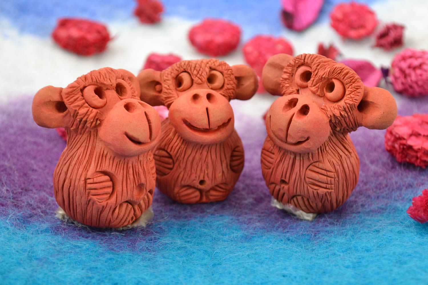 Set of 3 funny handmade brown ceramic collectible figurines of monkeys photo 1
