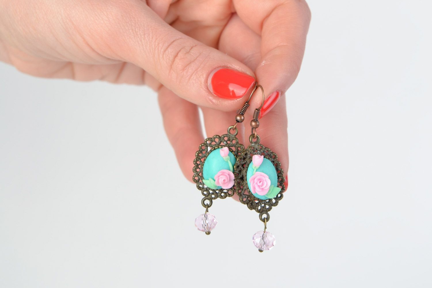 Handmade plastic earrings with metal fittings in vintage style photo 2