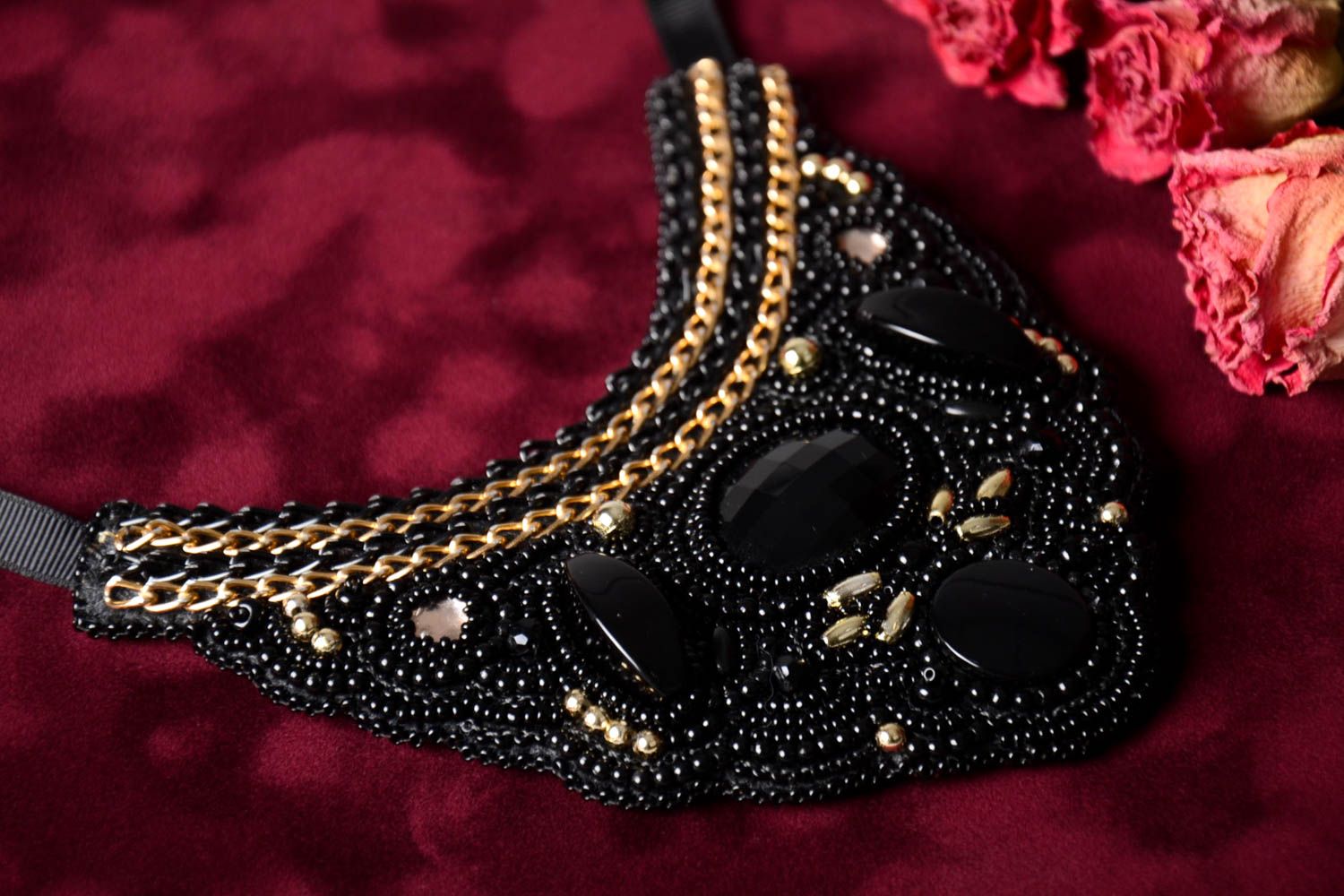 Glasperlen Schmuck handmade Damen Collier Geschenk für Frauen schwarz mit Ketten foto 1