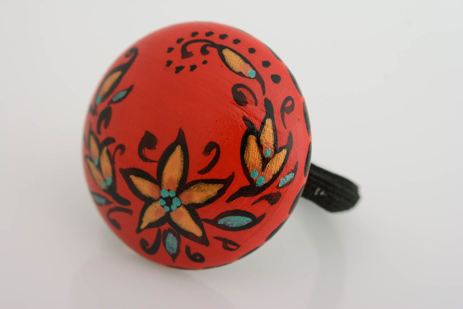 Élastique à cheveux rouge en bois rond peint motif floral original fait main photo 1