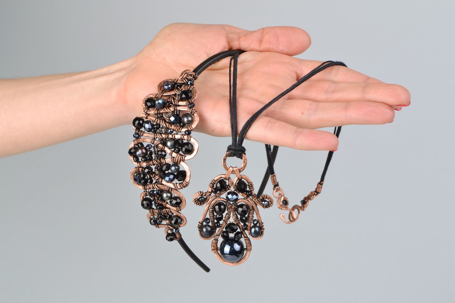 Handmade jewelry set wire wrap copper pendant and headband with fresh-water pearls photo 2