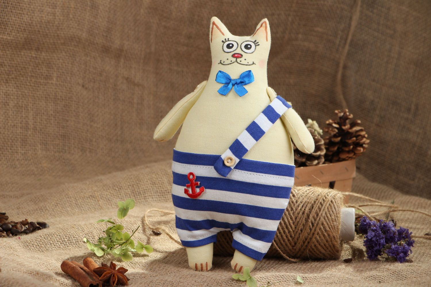 Handmade soft toy Cat in Striped Jumpsuit photo 5