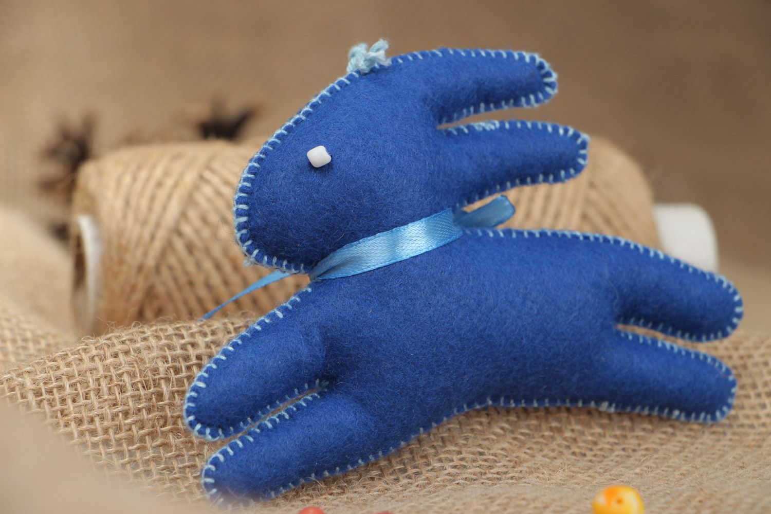 Handmade felt soft toy hare of blue color for interior decor photo 1