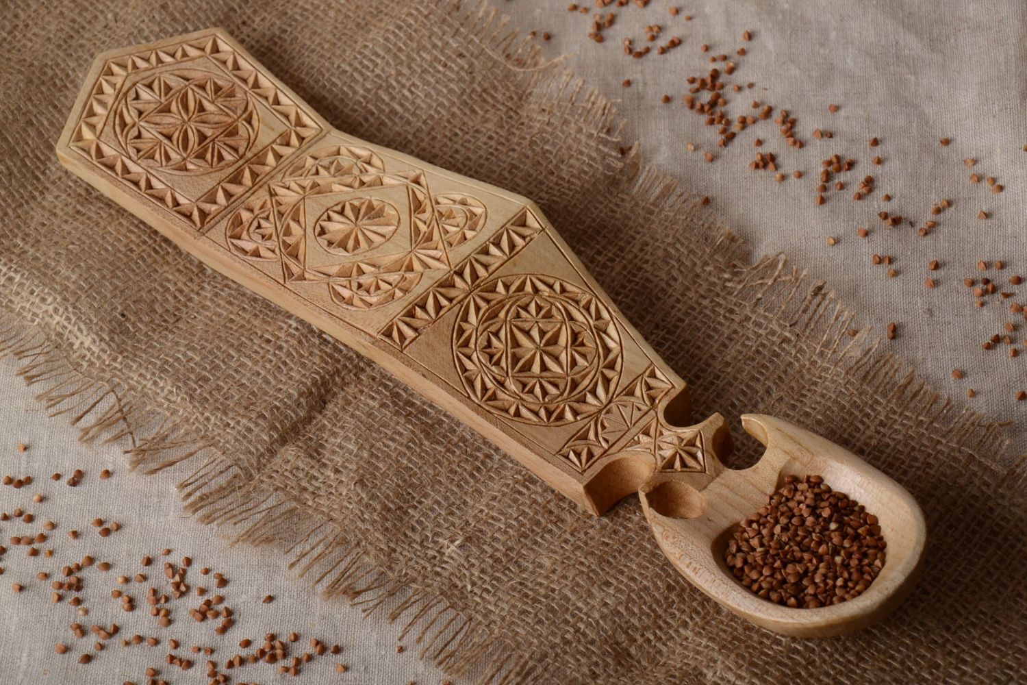 Handmade ethnic wall spoon carved of wood with fancy ornament for interior decor photo 1