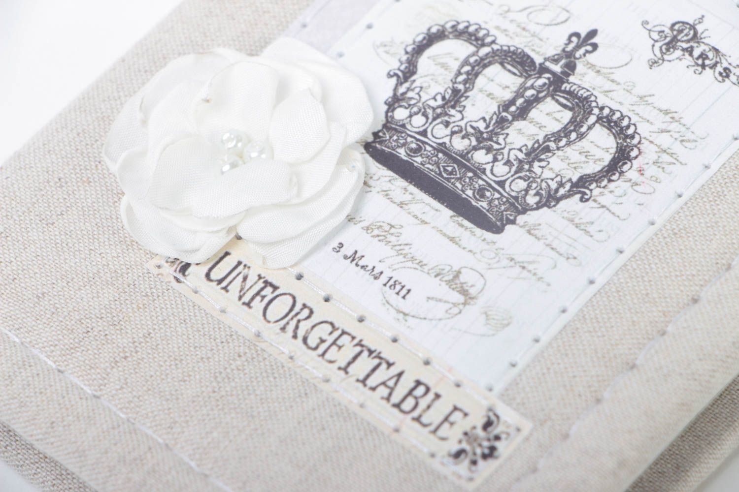 Carnet couverture en tissu de coton fait main scrapbooking avec fleur blanche photo 4