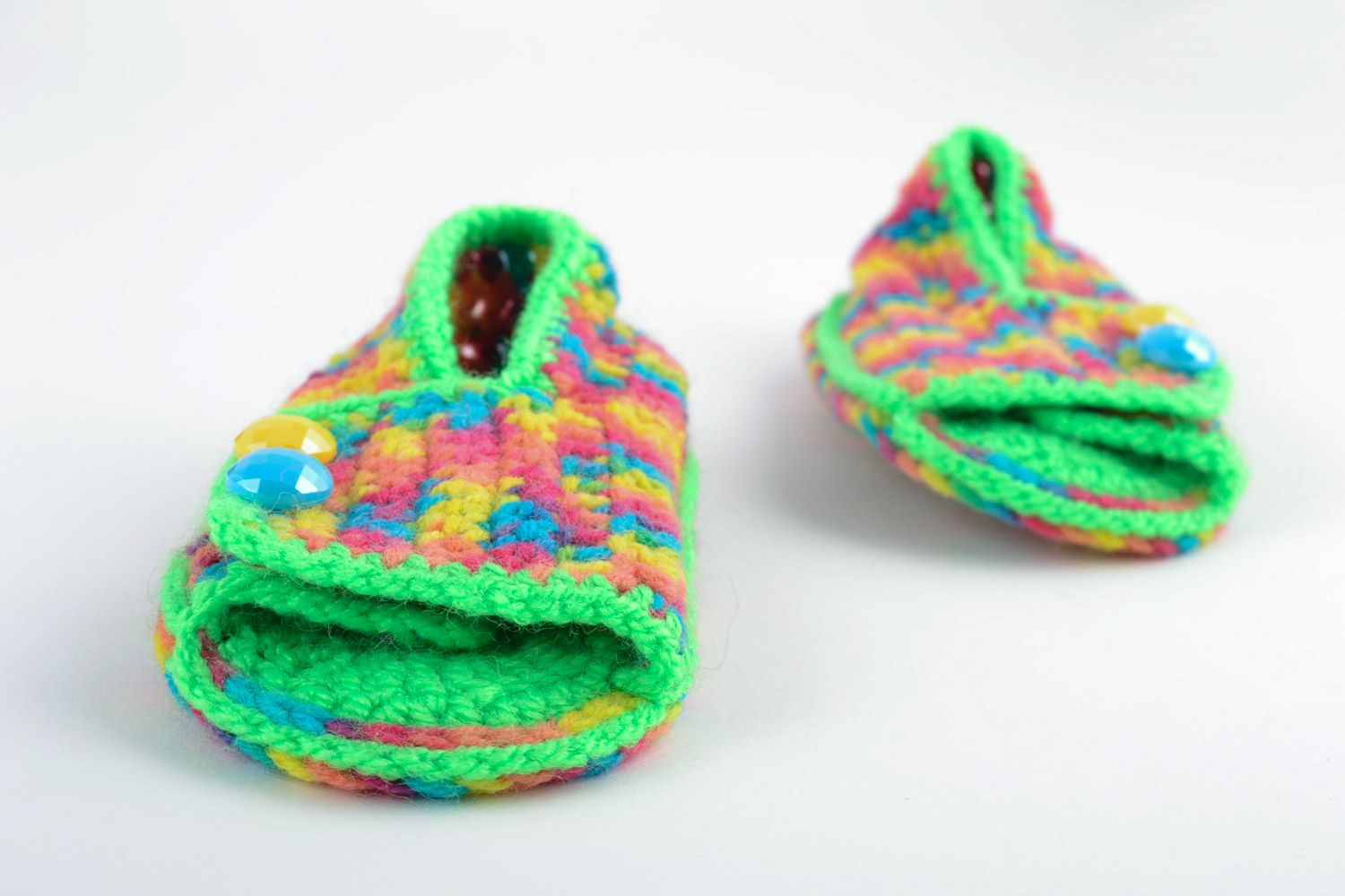 Green handmade knitted cotton baby booties in the shape of sandals with buttons photo 5