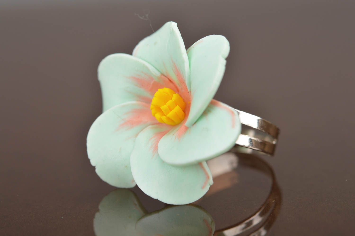 Handmade designer women's seal ring with tender blue polymer clay volume flower photo 5