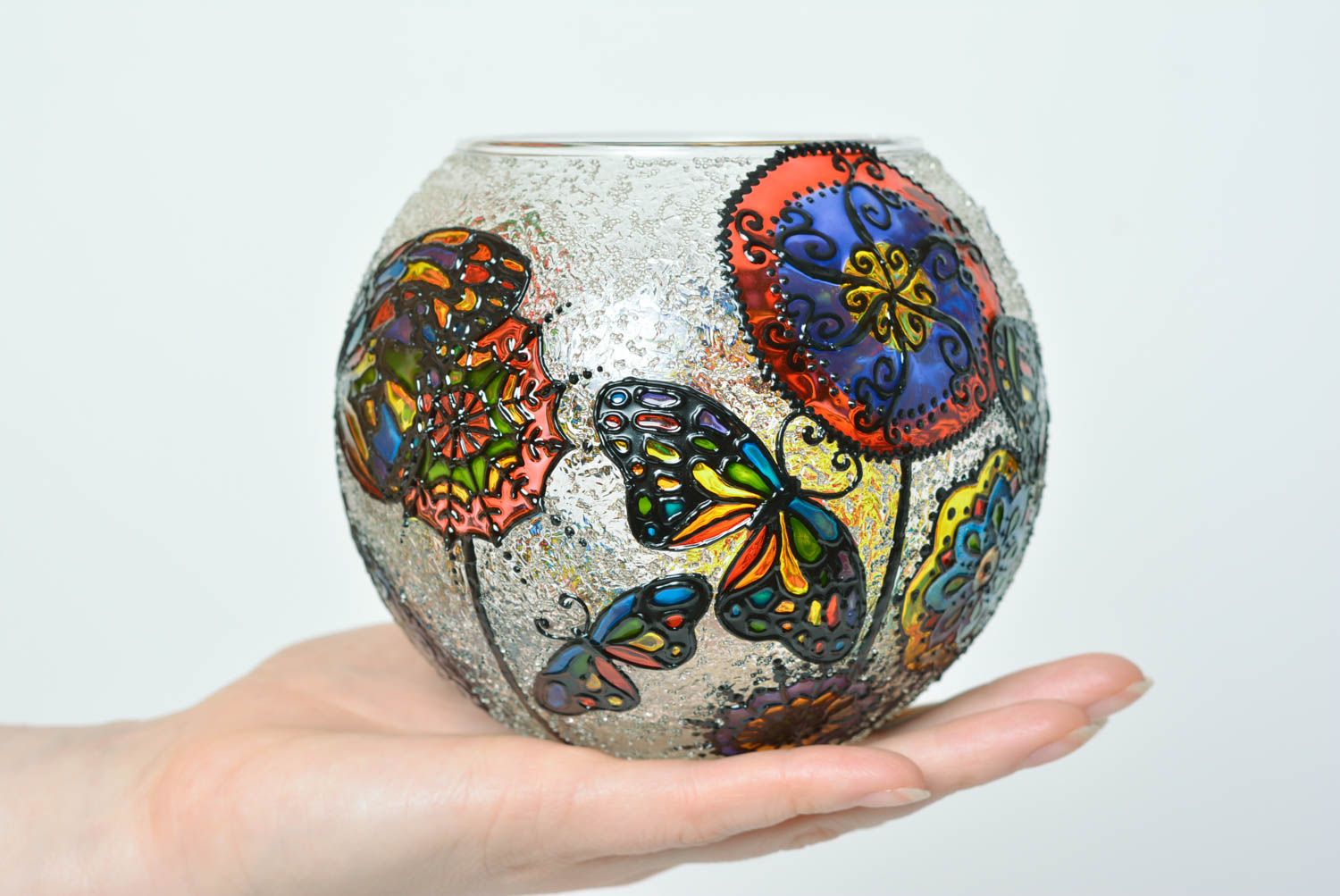 Vase verre fait main Déco maison Cadeau original à fleurs stylé peint vitrail photo 3