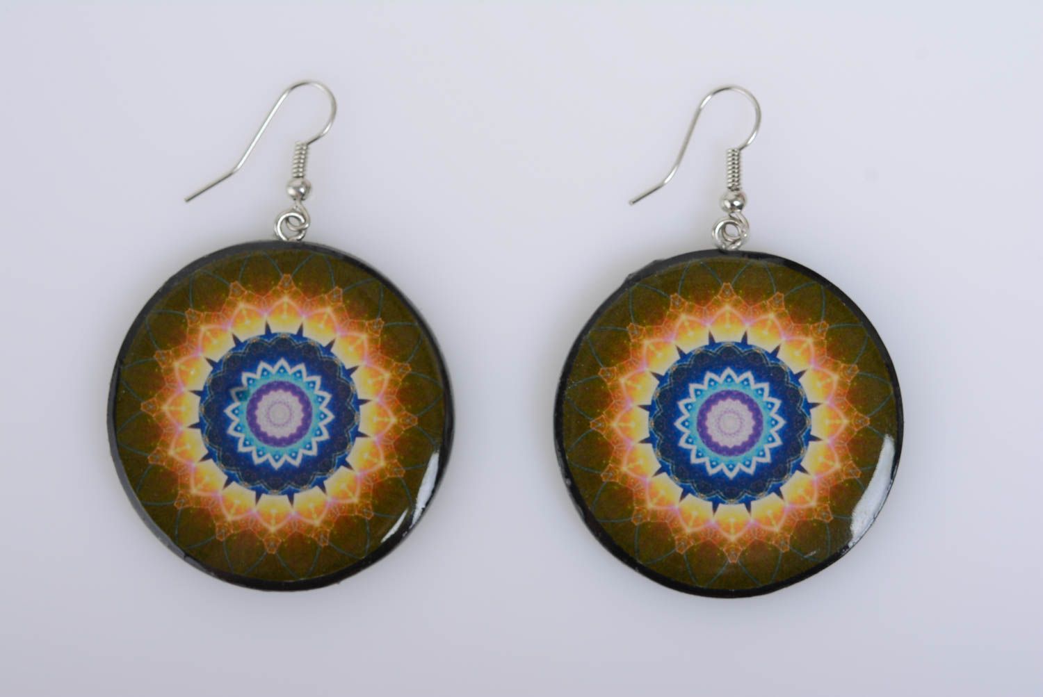Earrings with pattern brown polymer clay decoupage handmade accessory for summer photo 5