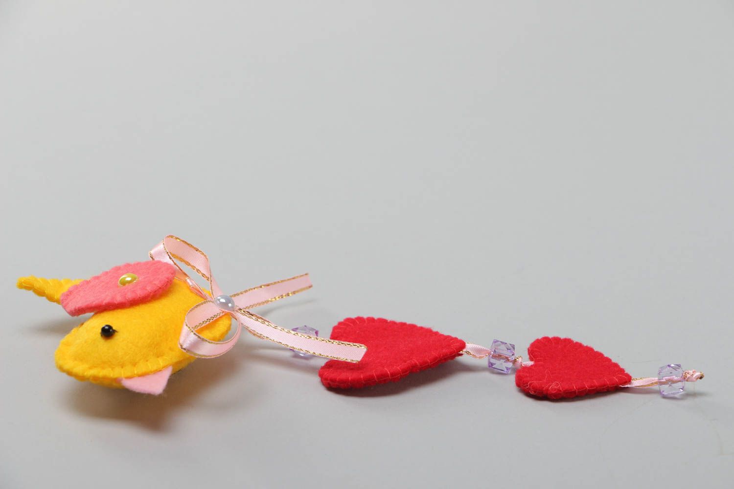 Handmade fridge magnet with pendant made of felt Bird with Hearts home decor photo 3