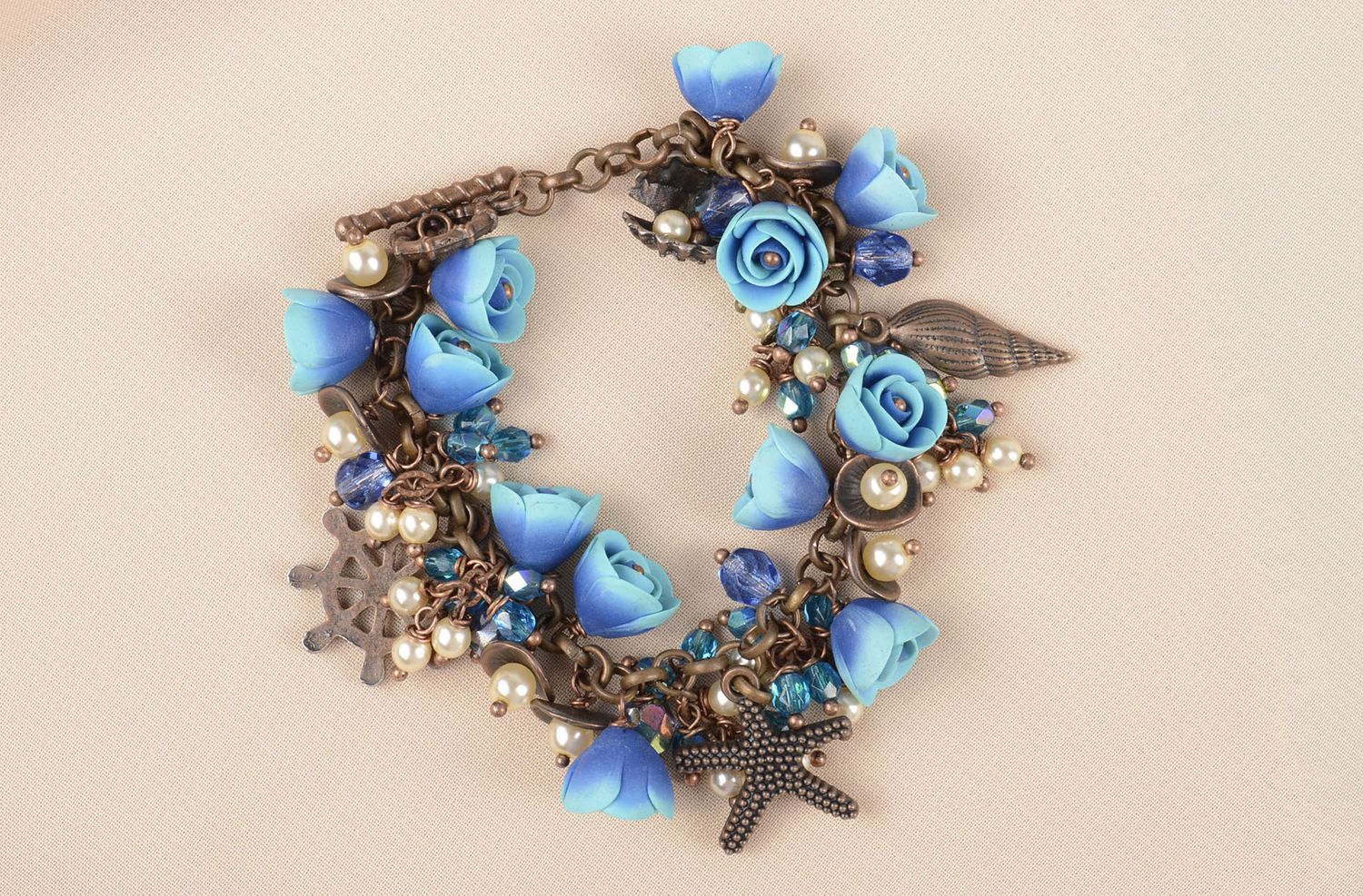 Bracelet fantaisie pâte polymère Bijou fait main fleurs bleues Accessoire femme photo 5