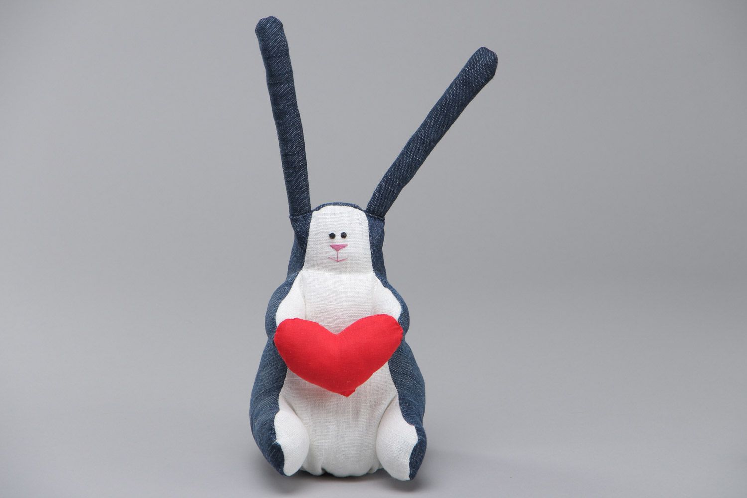 Blue and white handmade denim fabric soft toy hare with heart photo 2