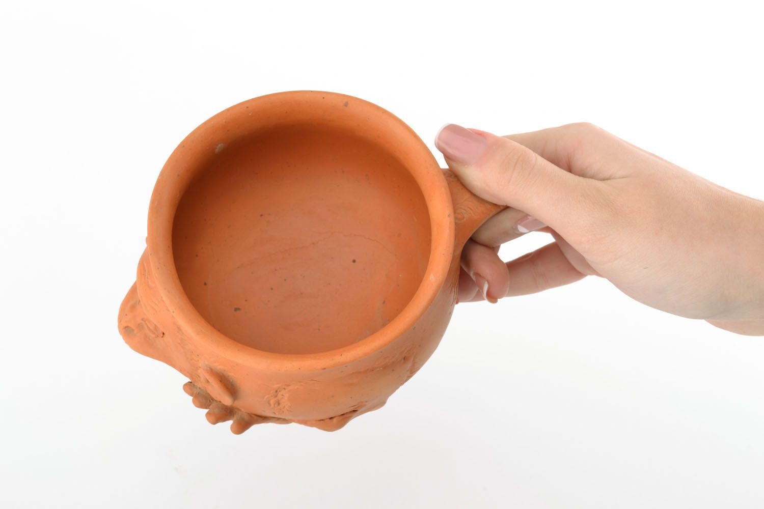 Art clay Mexican coffee cup with molded monkey face in terracotta color photo 6