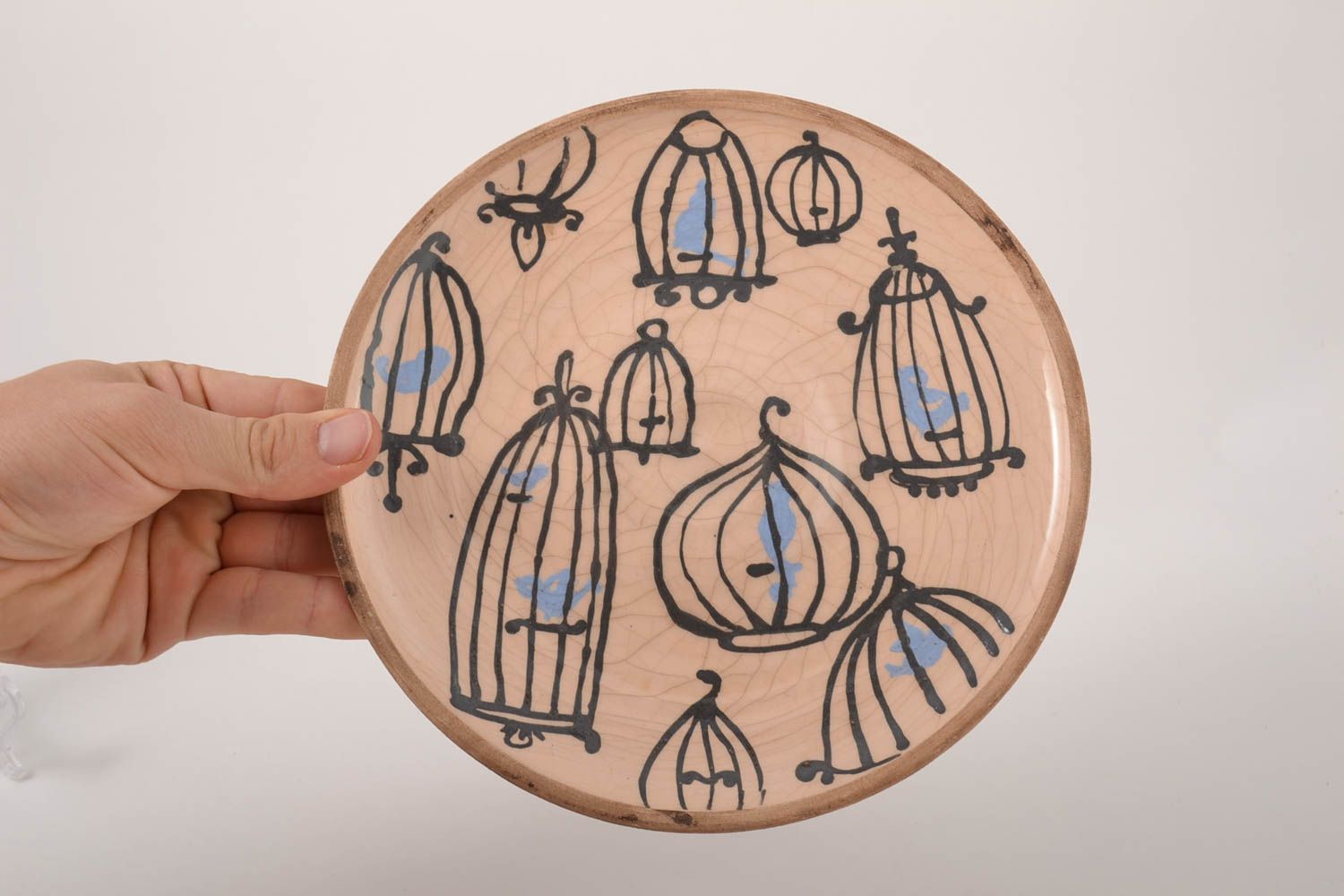 Керамическая тарелка хэнд мэйд глиняная посуда расписная тарелка Птицы в клетке фото 5