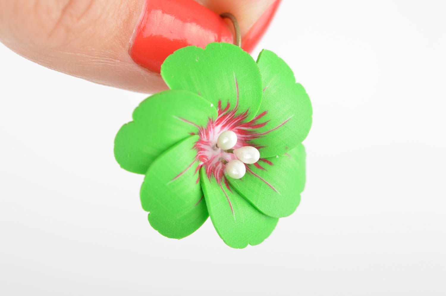 Exclusive green flower earrings made of polymer clay for summer look photo 3