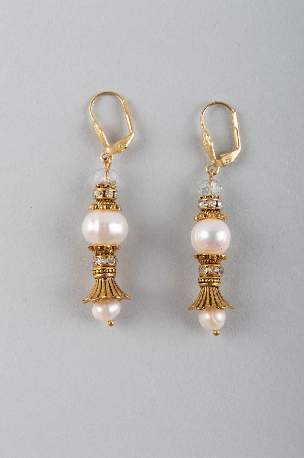 Beautiful refined handmade designer brass earrings with natural pearls  photo 2