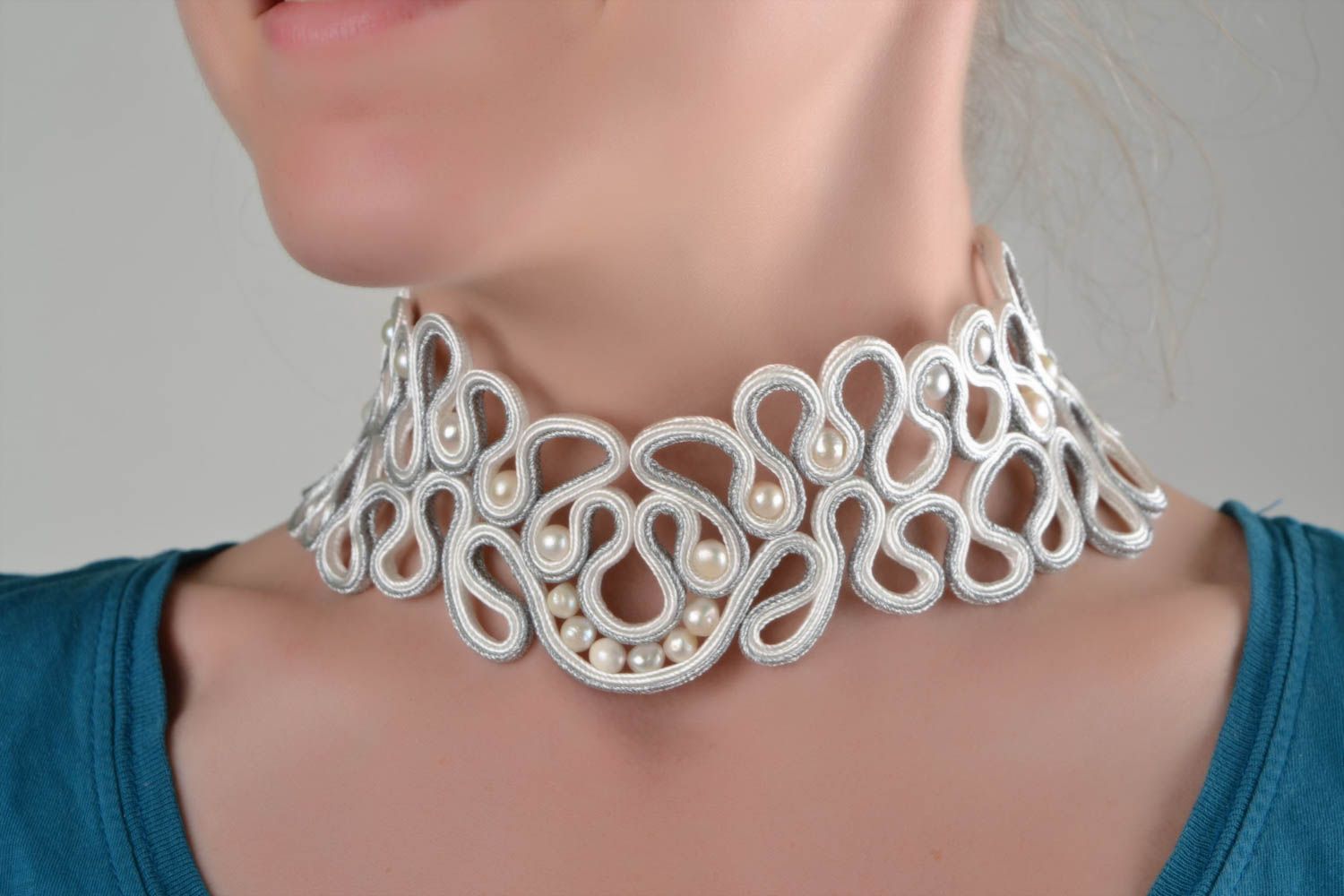 Unusual design light handmade soutache necklace with river pearls photo 1