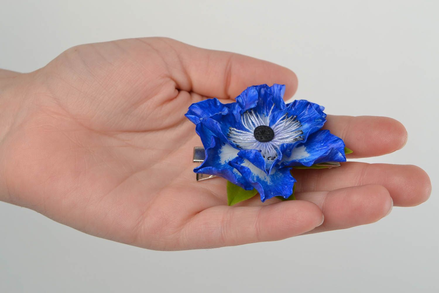 Bright blue handmade cold porcelain flower hair clip Anemone photo 2