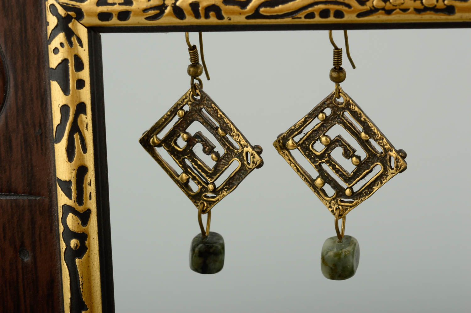 Handmade earrings with natural stones bronze earrings bronze accessories photo 1