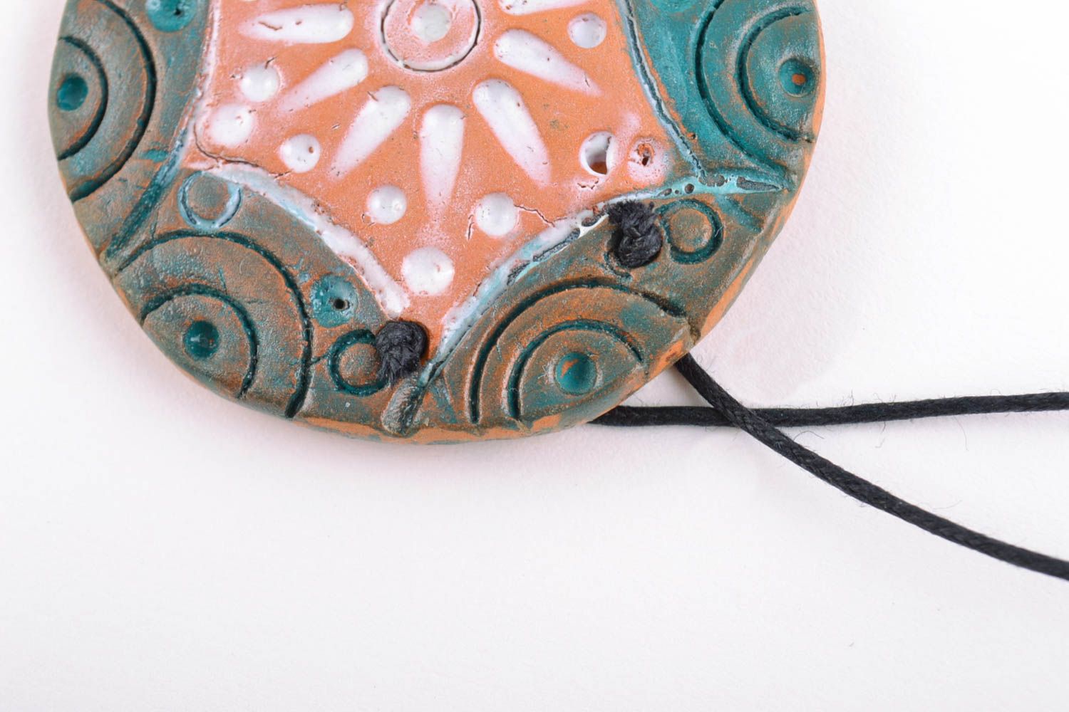 Handmade clay pendant on long cord round unusual stylish accessory for women photo 4