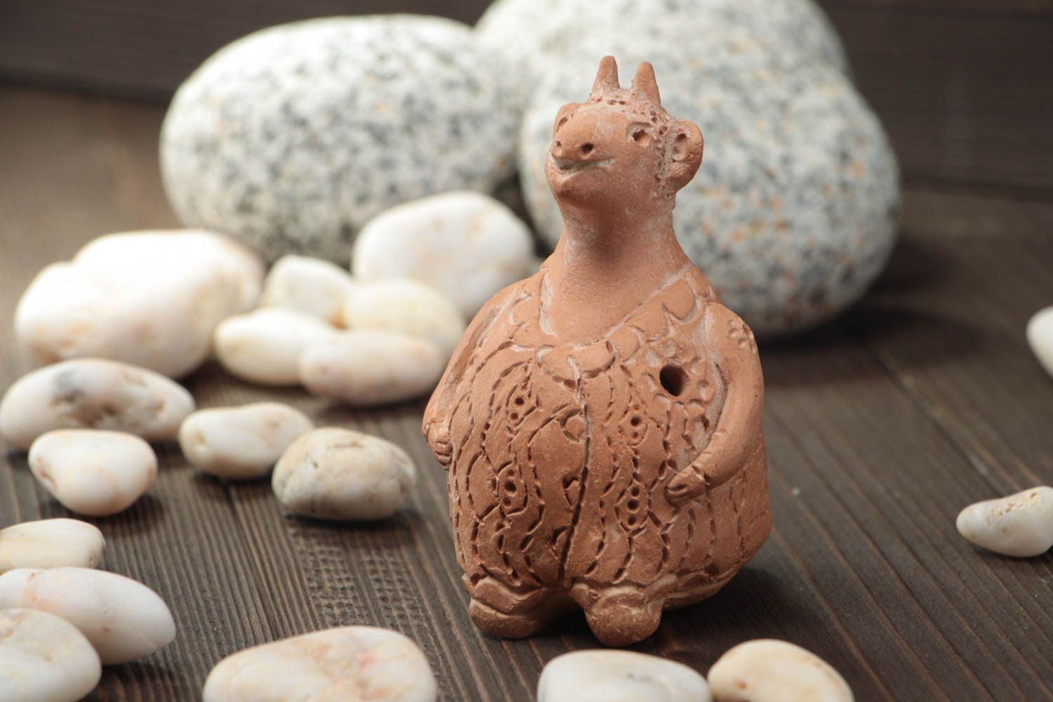 Small handmade designer brown clay whistle flute for home decor Goat photo 1