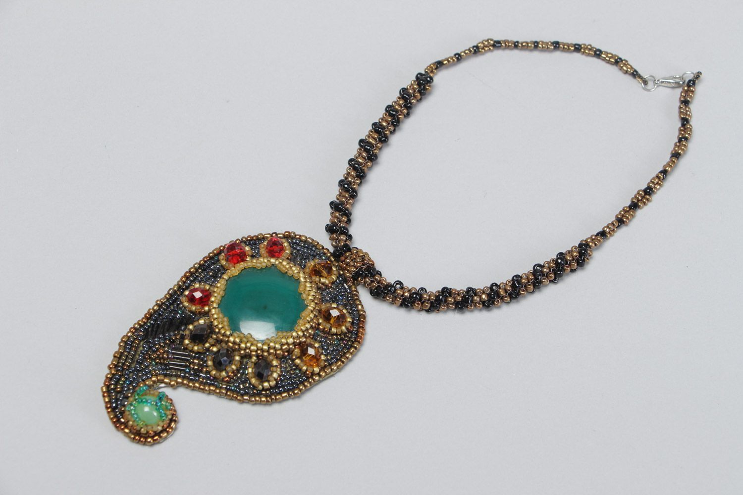 Handmade beaded pendant with natural nephrite for women Turkish Cucumber photo 2