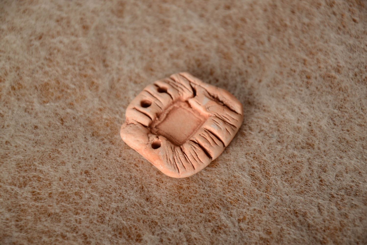 Homemade unusual small relief ceramic component with 3 openings for jewelry photo 1