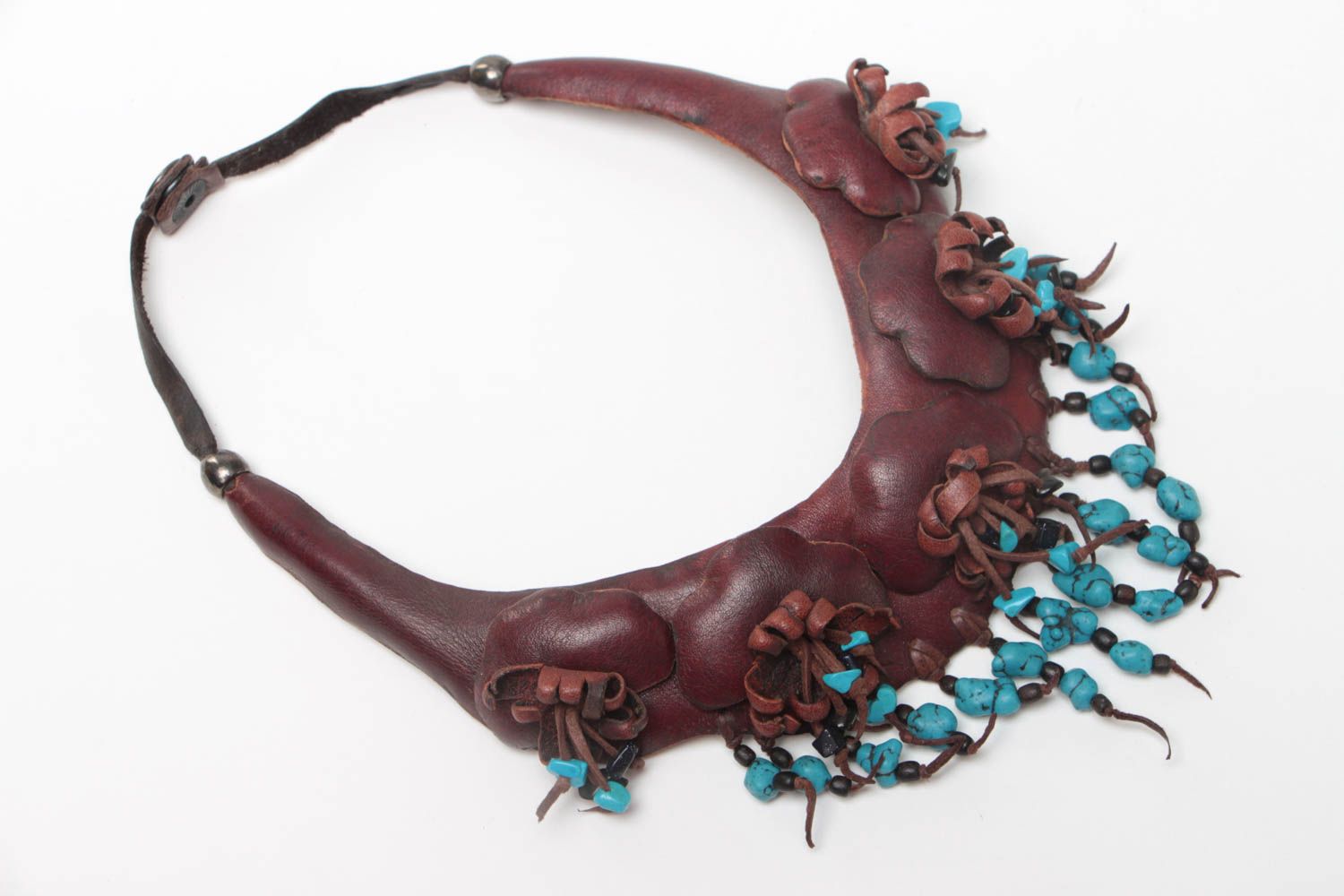 Handmade massive brown genuine leather necklace in ethnic style with turquoise photo 2