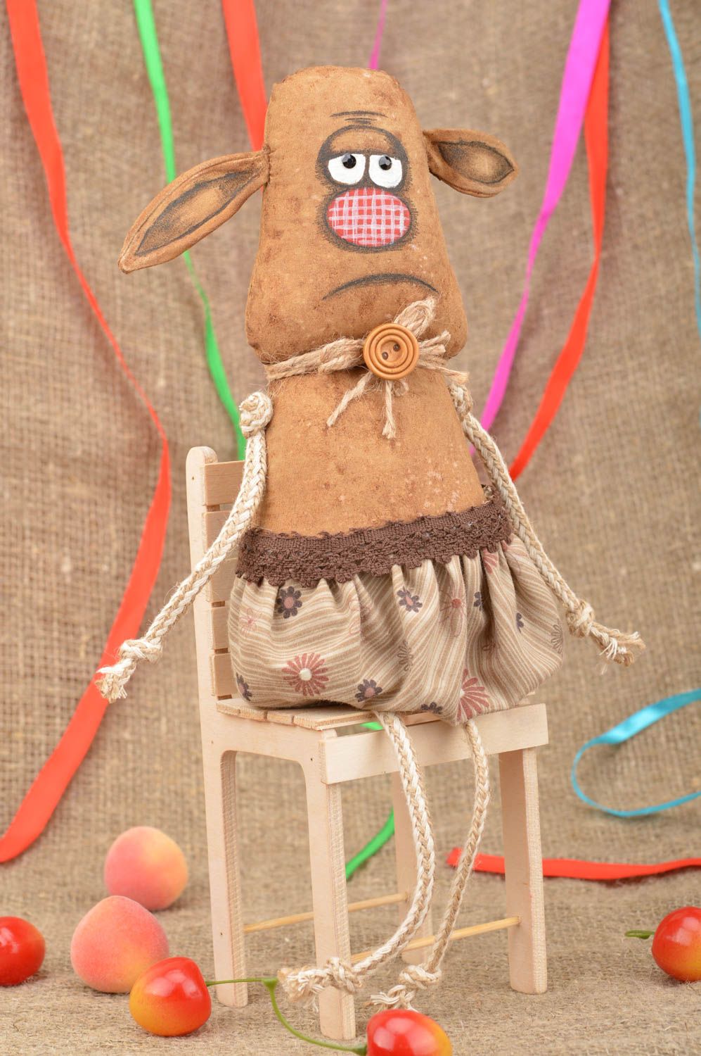 Handmade interior toy brown cute Donkey made of cotton unusual designer decor photo 1