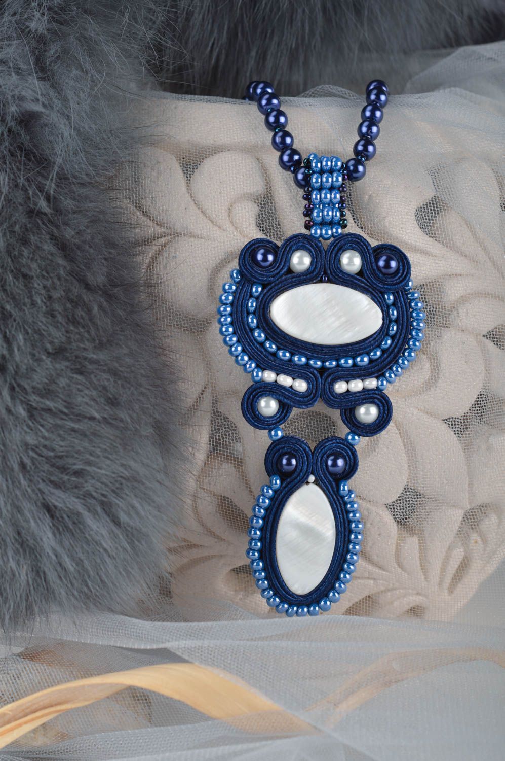 Beautiful blue handmade elegant soutache necklace with Czech beads photo 1