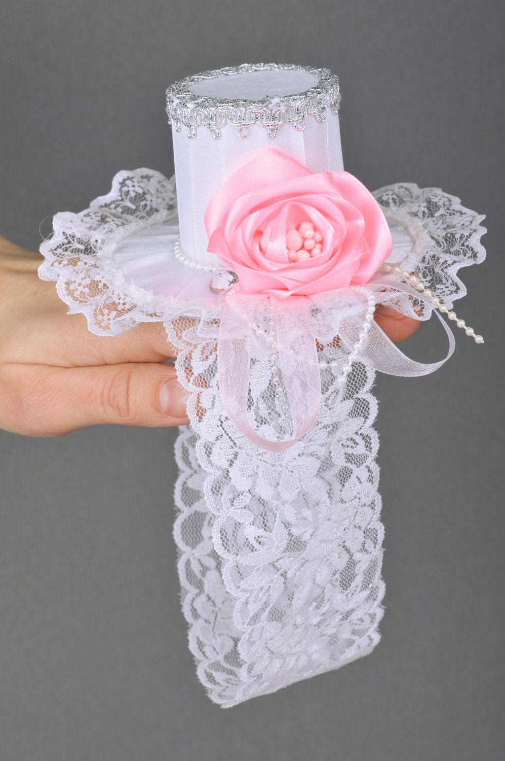 Handmade white lacy headband with beautiful top hat with pink rose  photo 2