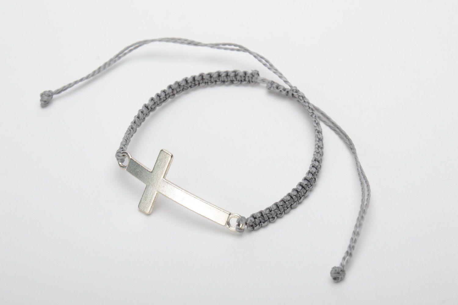 Handmade gray women's cord bracelet with metal cross  photo 3