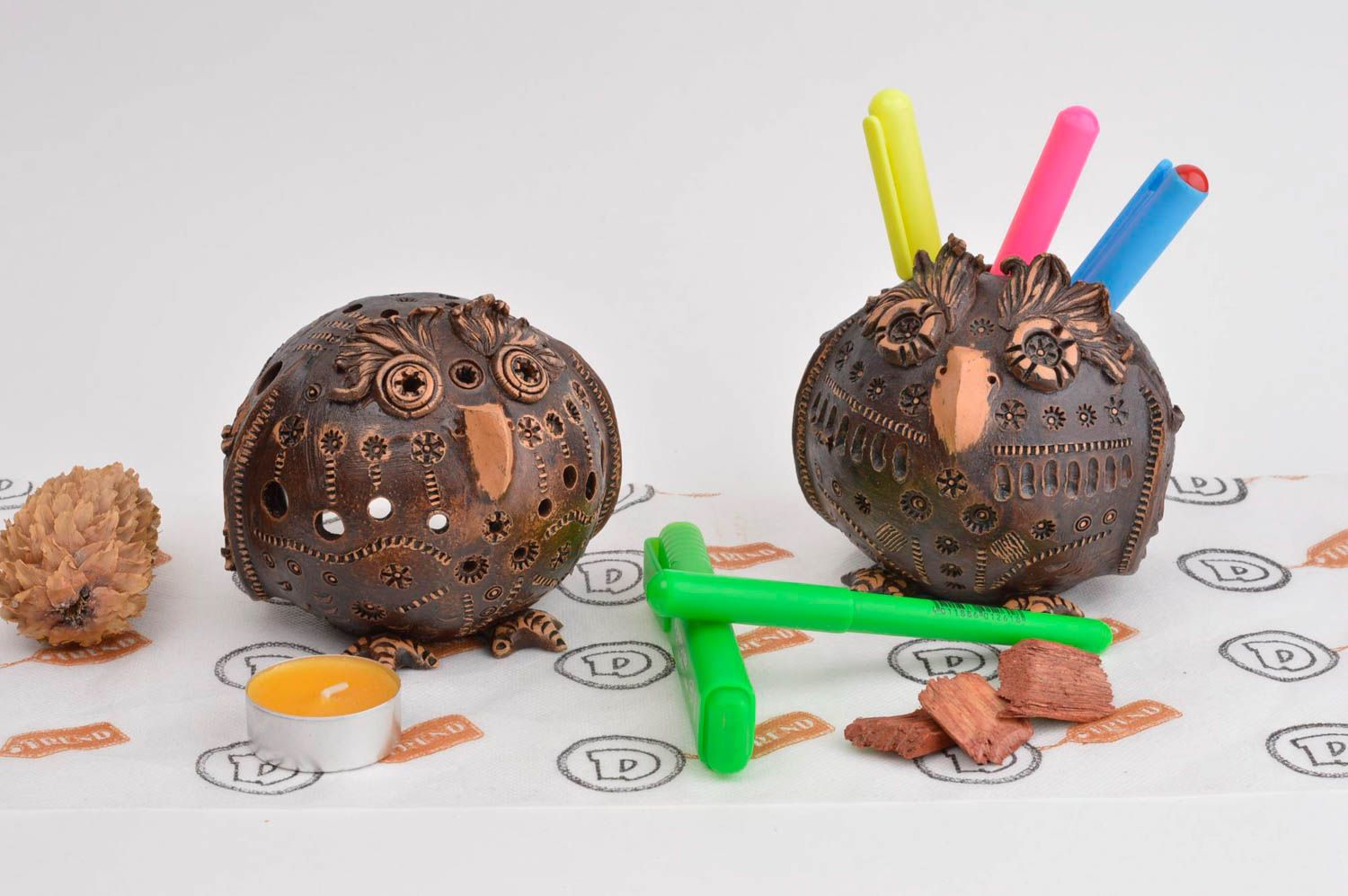 Bougeoir hibou Pot à crayons design faits main en terre cuite Déco maison photo 1