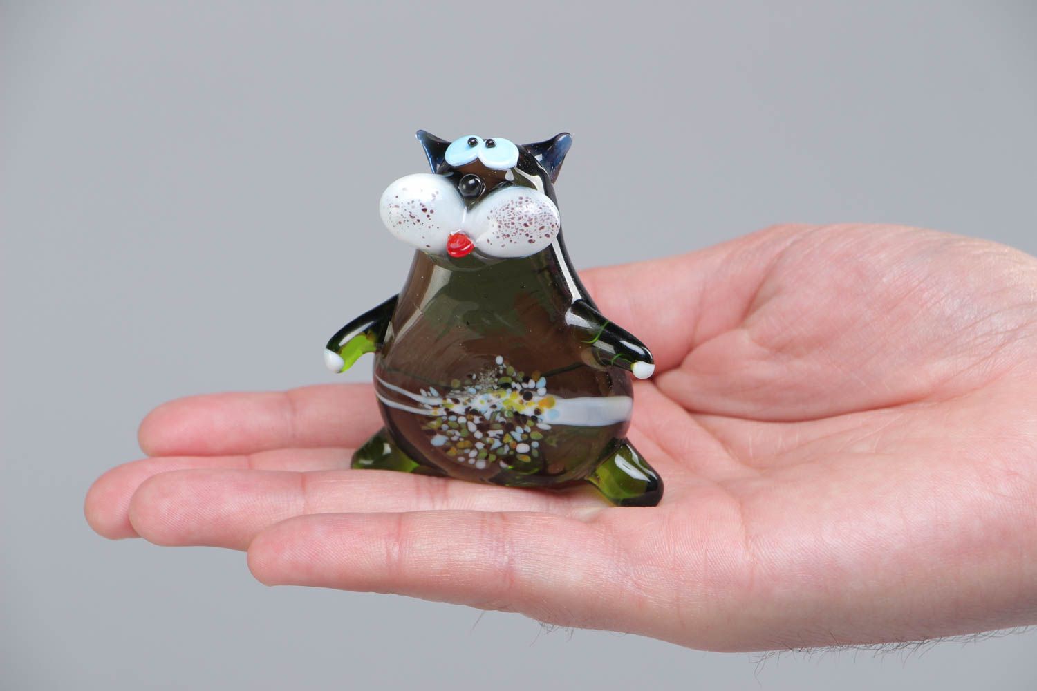 Handmade miniature collectible lampwork glass animal figurine of funny cat photo 5