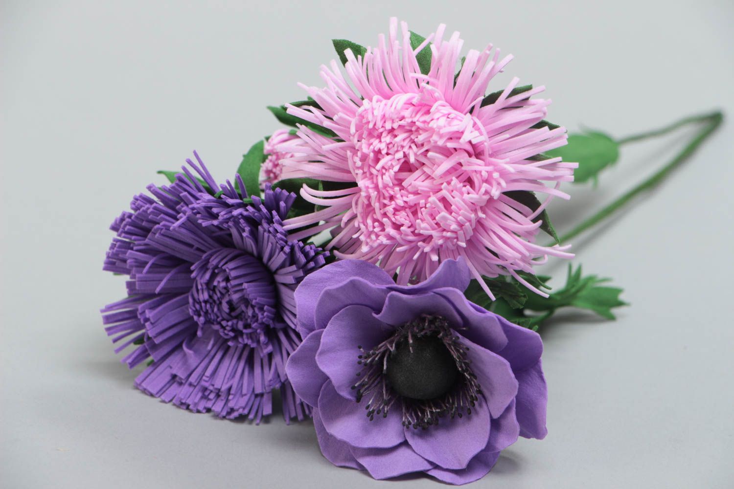 Bouquet of handmade artificial foamiran violet and pink poppy and aster flowers  photo 4