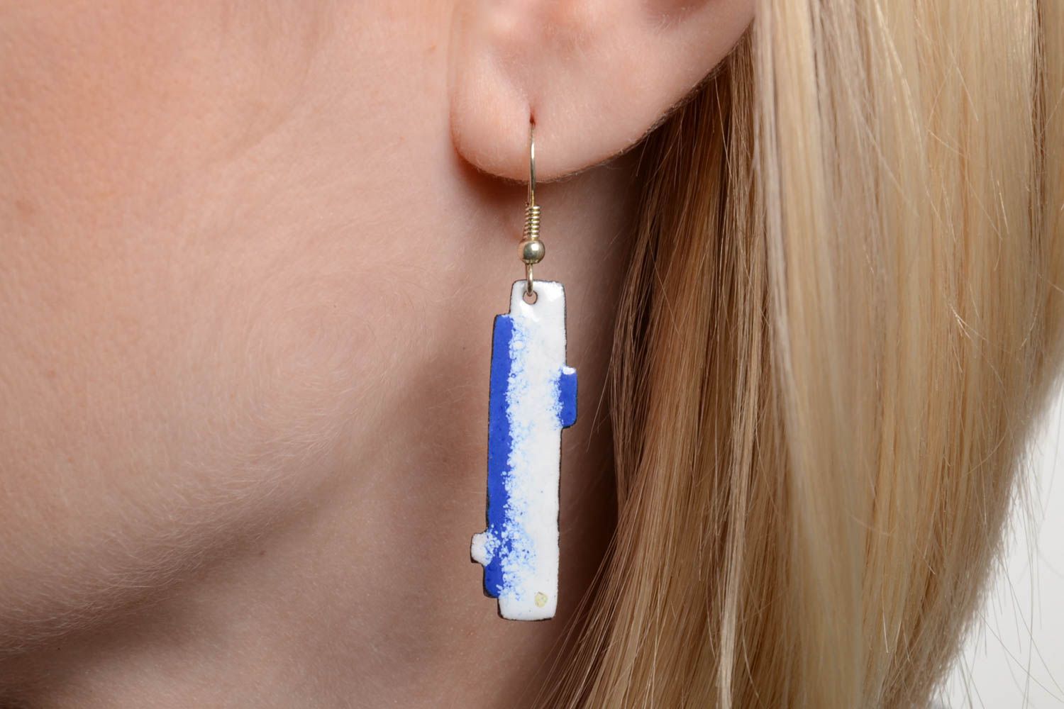 Handmade long copper earrings with hot enamel painting white with blue photo 5