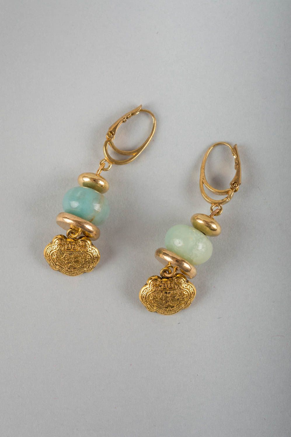 Beautiful elegant handmade designer brass earrings with blue natural stones  photo 2