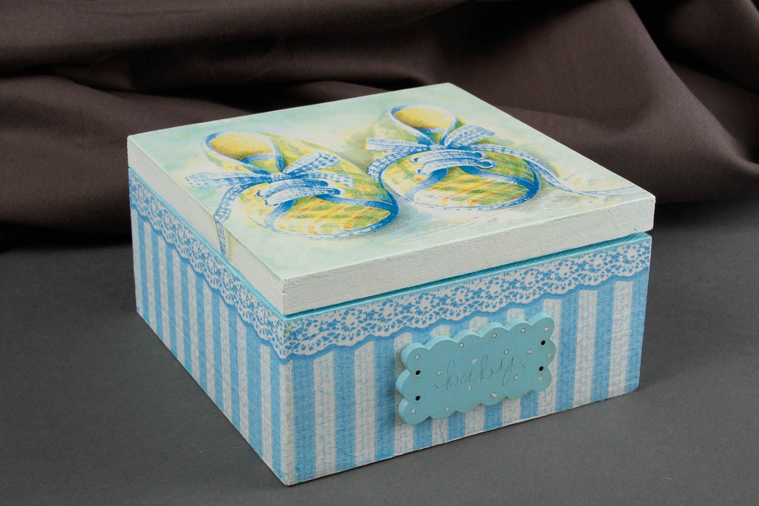 Coffret à bijoux fait main Boîte à bijoux en bois carrée bleu-blanc Cadeau femme photo 1