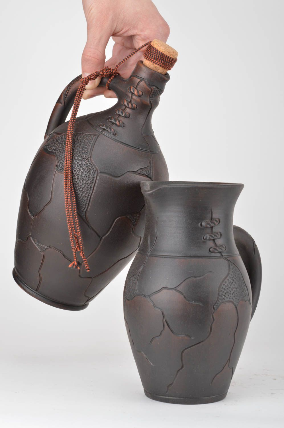 Juego de vajilla cerámica artesanal de 2 piezas botella y jarro marrones foto 3