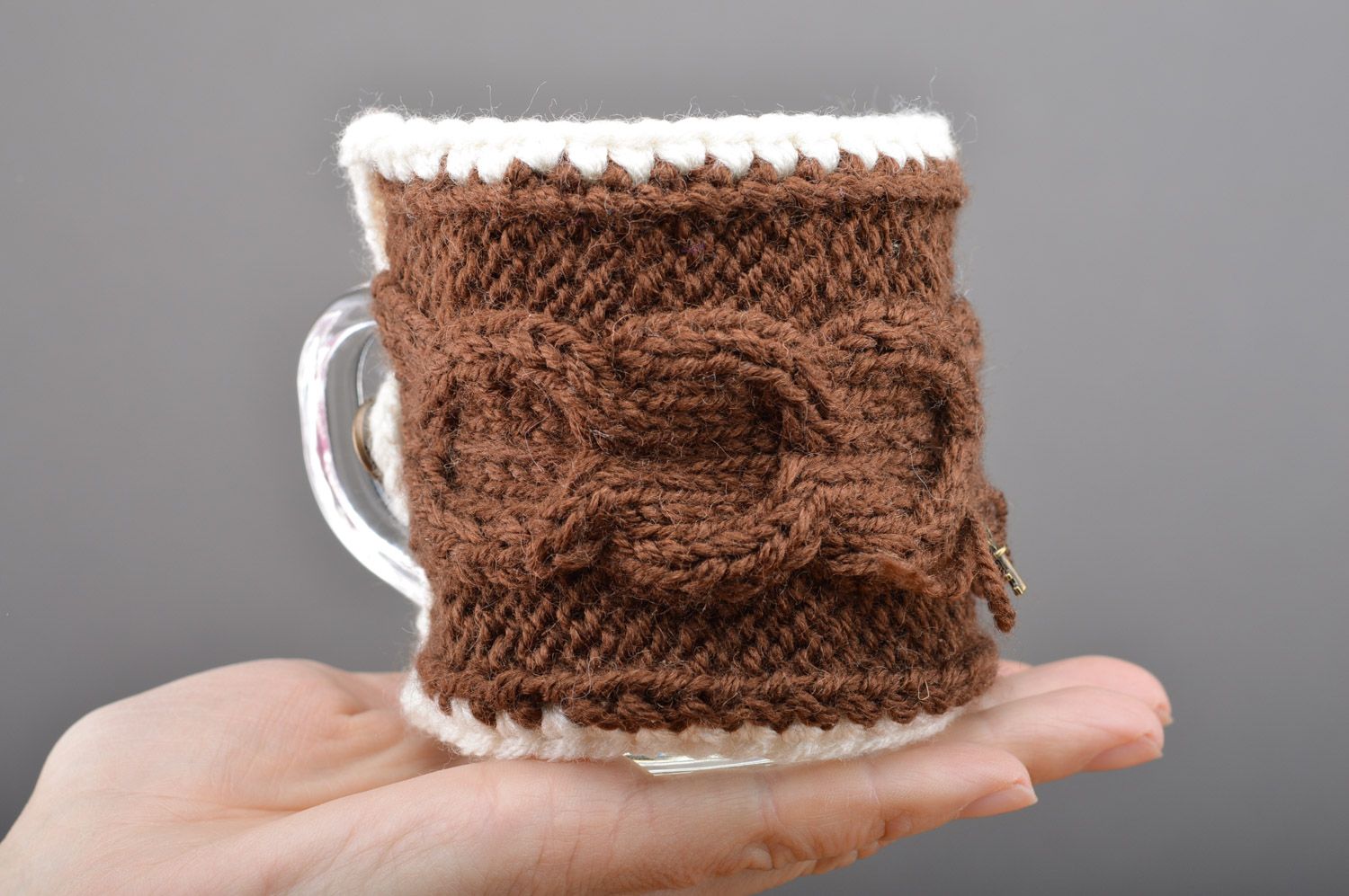Cute handmade cup cozy knitted of brown woolen threads with metal key charm photo 3