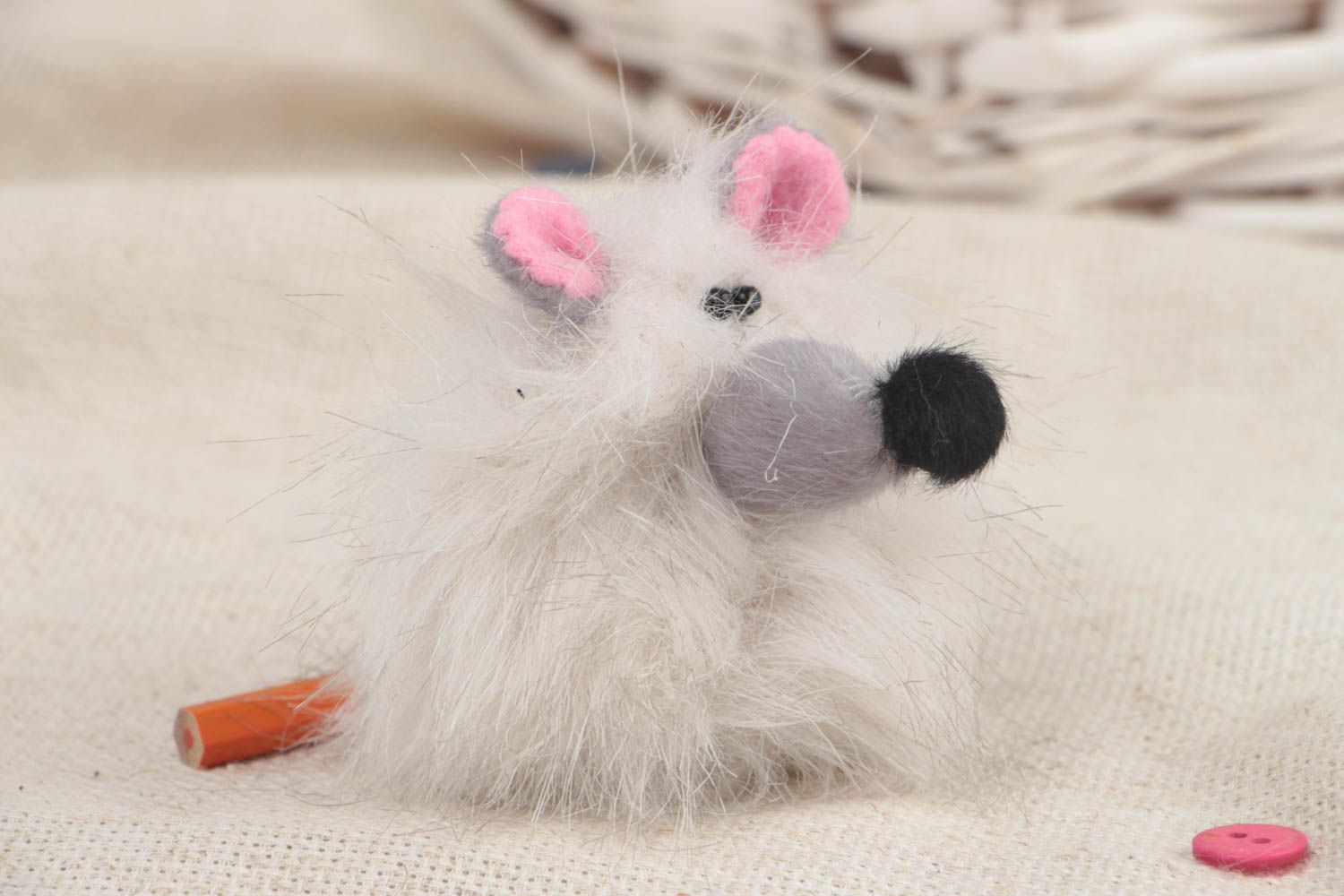 Beautiful tiny handmade gray fur fabric puppet toy in the shape of mouse photo 1