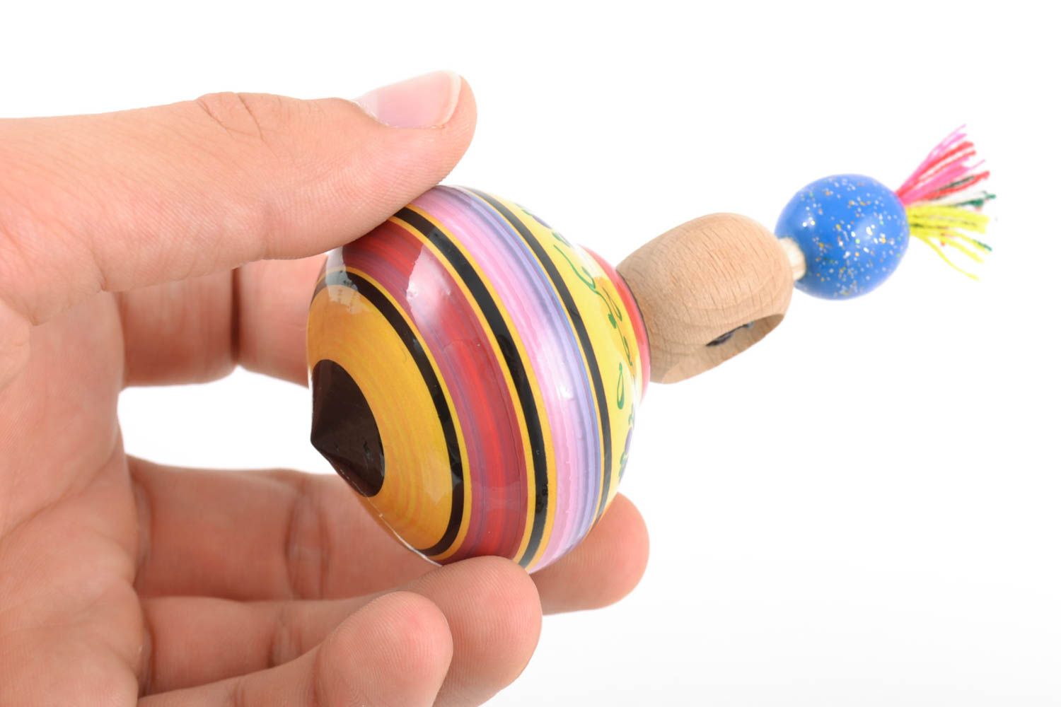 Toupie faite main en bois originale peinte multicolore rayée jouet pour enfant photo 2