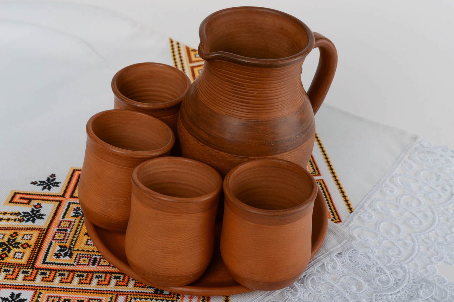 60 oz terracotta color ceramic milk pitcher with four milk cups and tray 3,8 lb photo 1