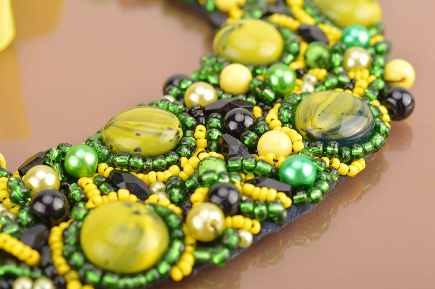 Handmade yellow and green necklace made of large and seed beads on ribbon  photo 4