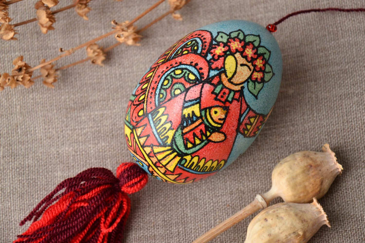 Oeuf décoratif de Pâques à accrocher original multicolore ethnique fait main photo 1
