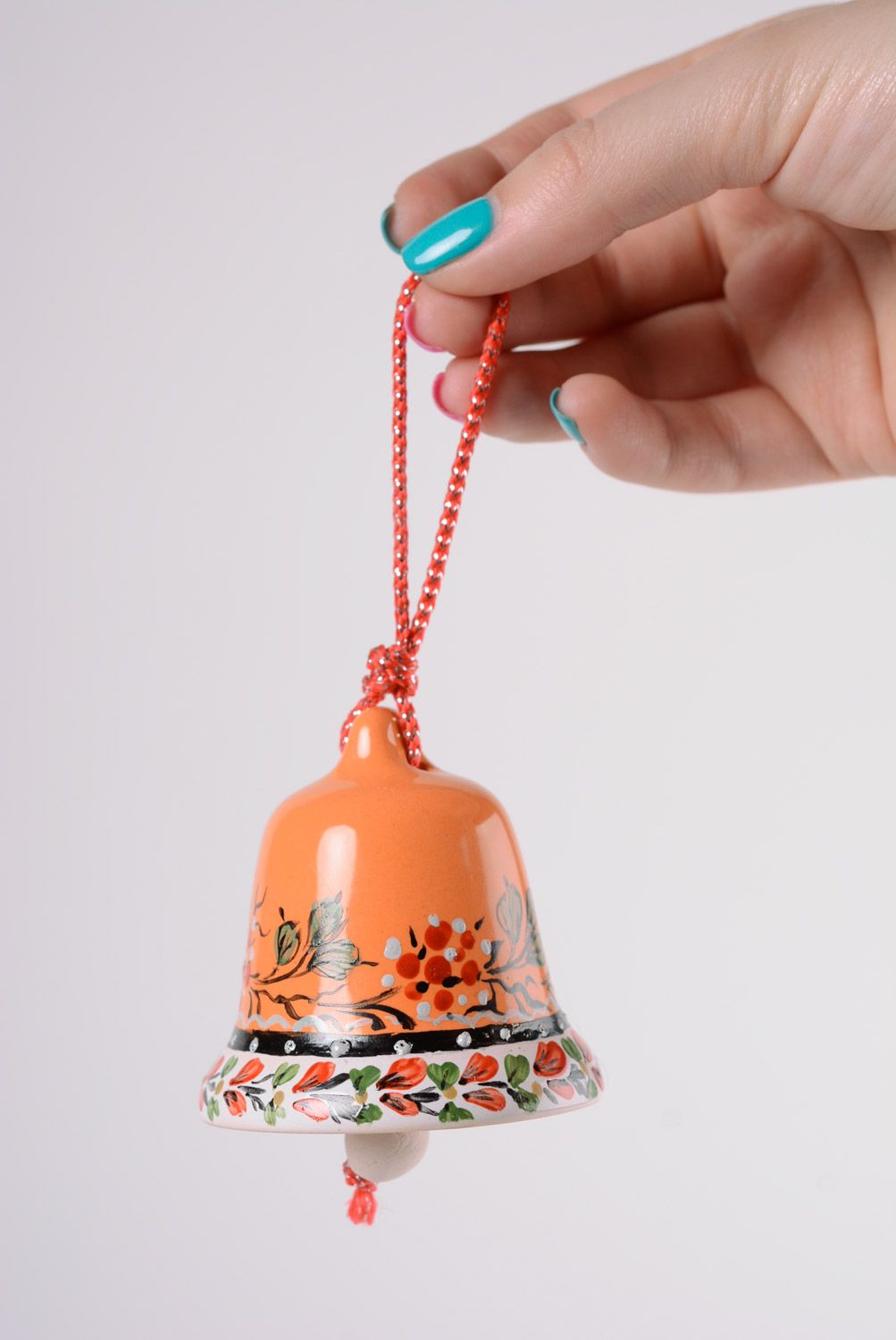 Handmade decorative orange maiolica ceramic hanging bell painted with glaze photo 2