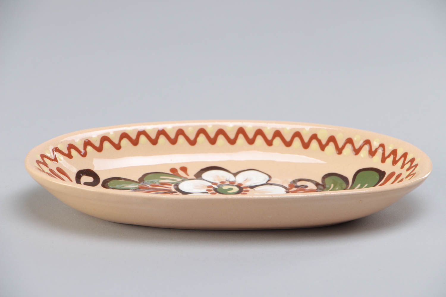 Unusual handmade designer painted ceramic long plate for fish created of red clay photo 2